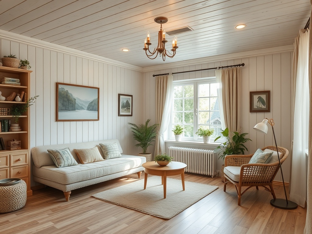 Светлая гостиная с уютной мебелью, растениями и мягким освещением. Стены оформлены в светлых тонах.