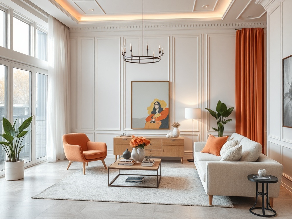 Светлая гостиная с оранжевыми акцентами, мягкой мебелью и живыми растениями. Стены украшены панелями.