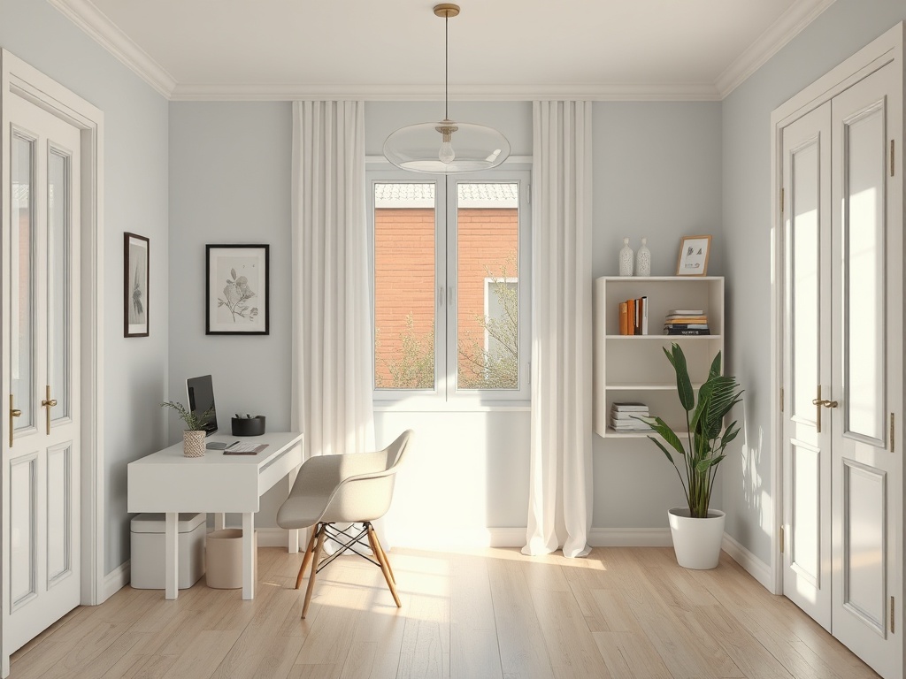 Светлая комната с рабочим местом, стулом, окнами и книжной полкой, оформленная в светлых тонах.